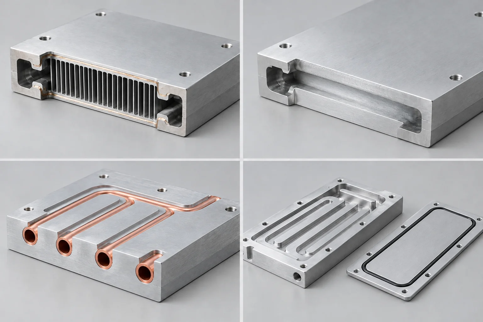 Four cold plate constructions: vacuum brazed, friction stir welded, embedded copper tube, and machined body with separate cover and O-ring